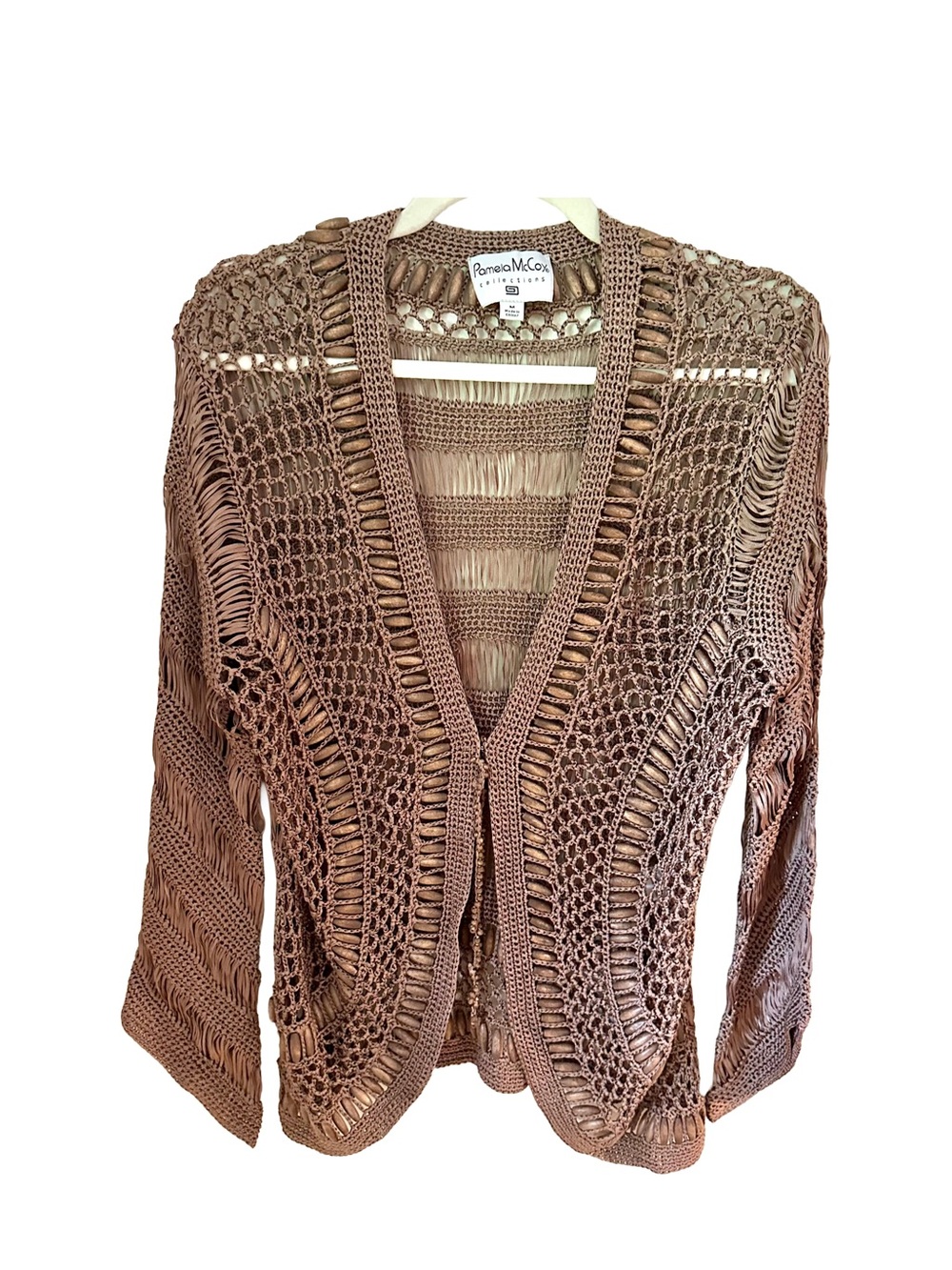 Boho Vintage Open-Knit Crochet Taupe Cardigan Sz M